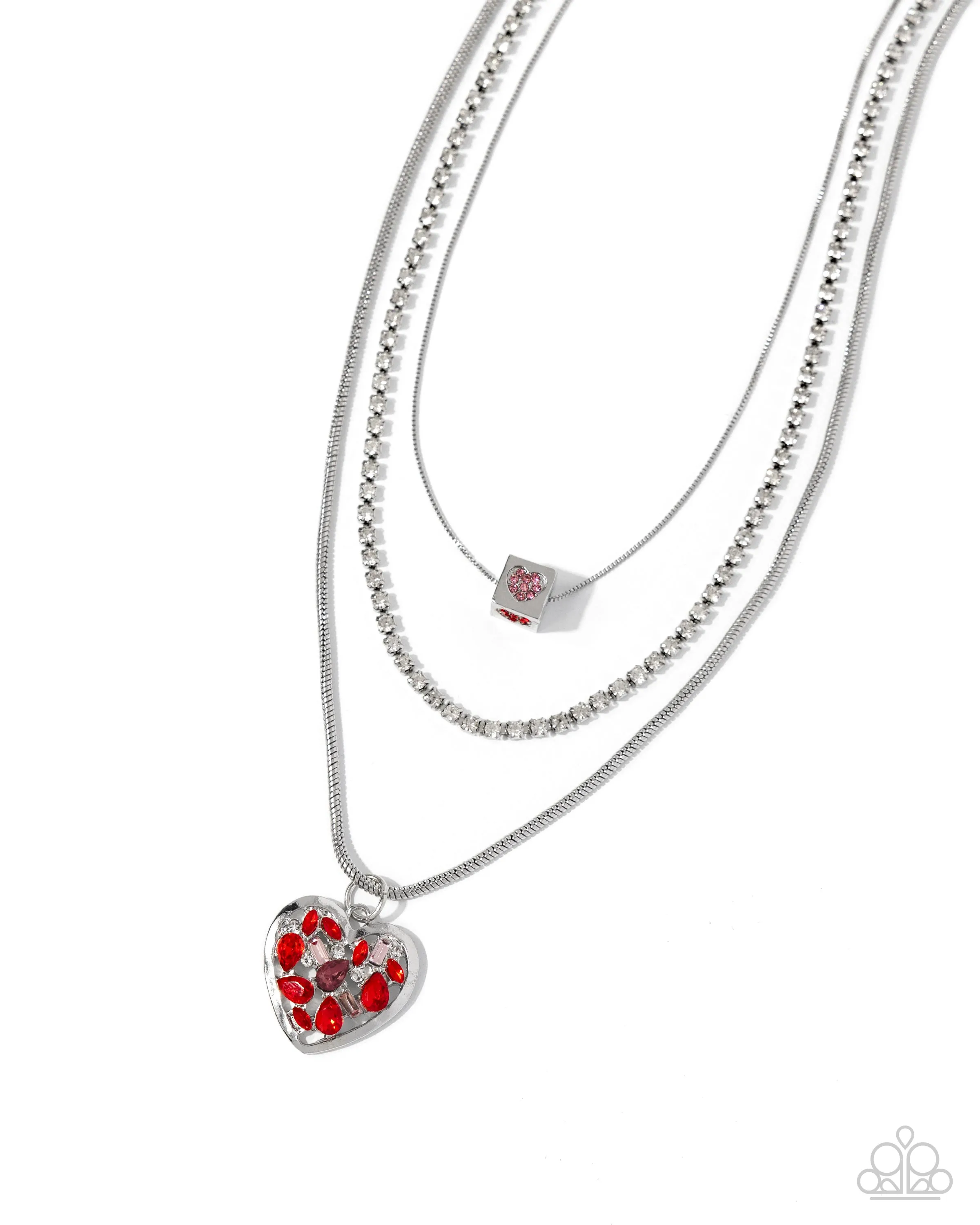 Seize the Sides - Red - and Pink Rhinestone Silver Heart Tiered Paparazzi Short Necklace