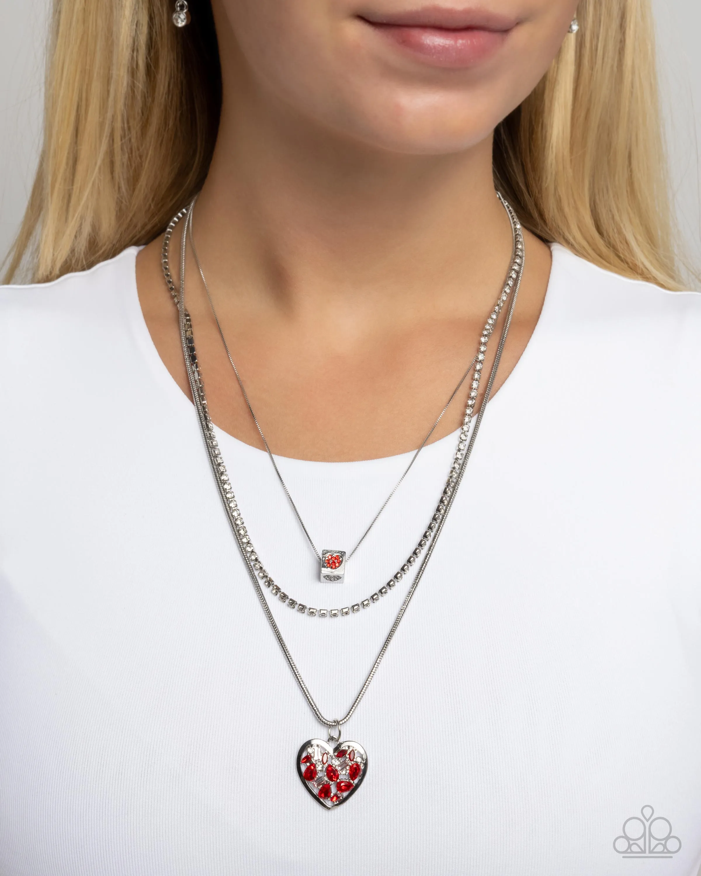 Seize the Sides - Red - and Pink Rhinestone Silver Heart Tiered Paparazzi Short Necklace
