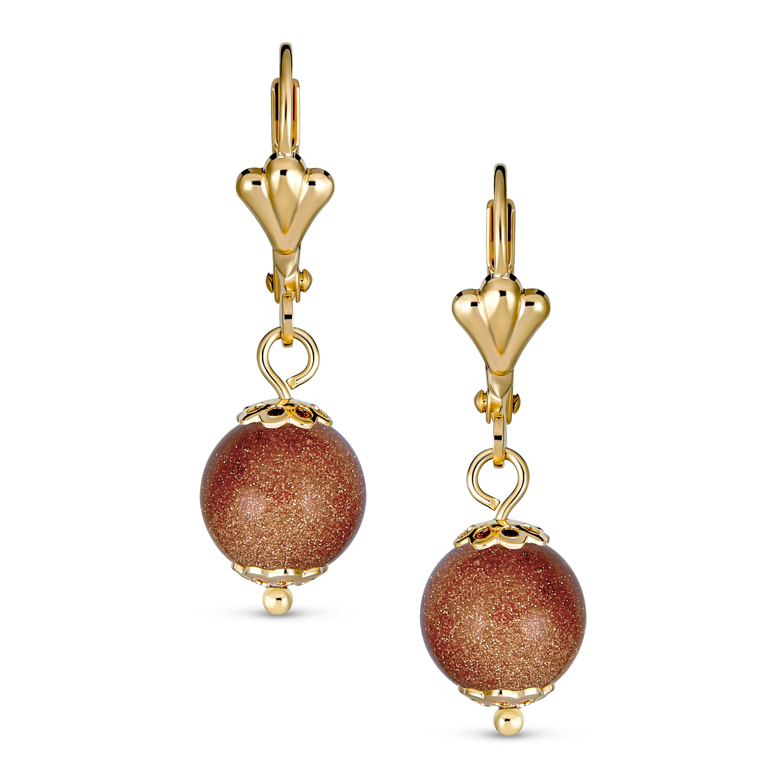 Set of 2 Classic Round Brown Goldstone Black Onyx Drop Ball Earrings Gold Plated