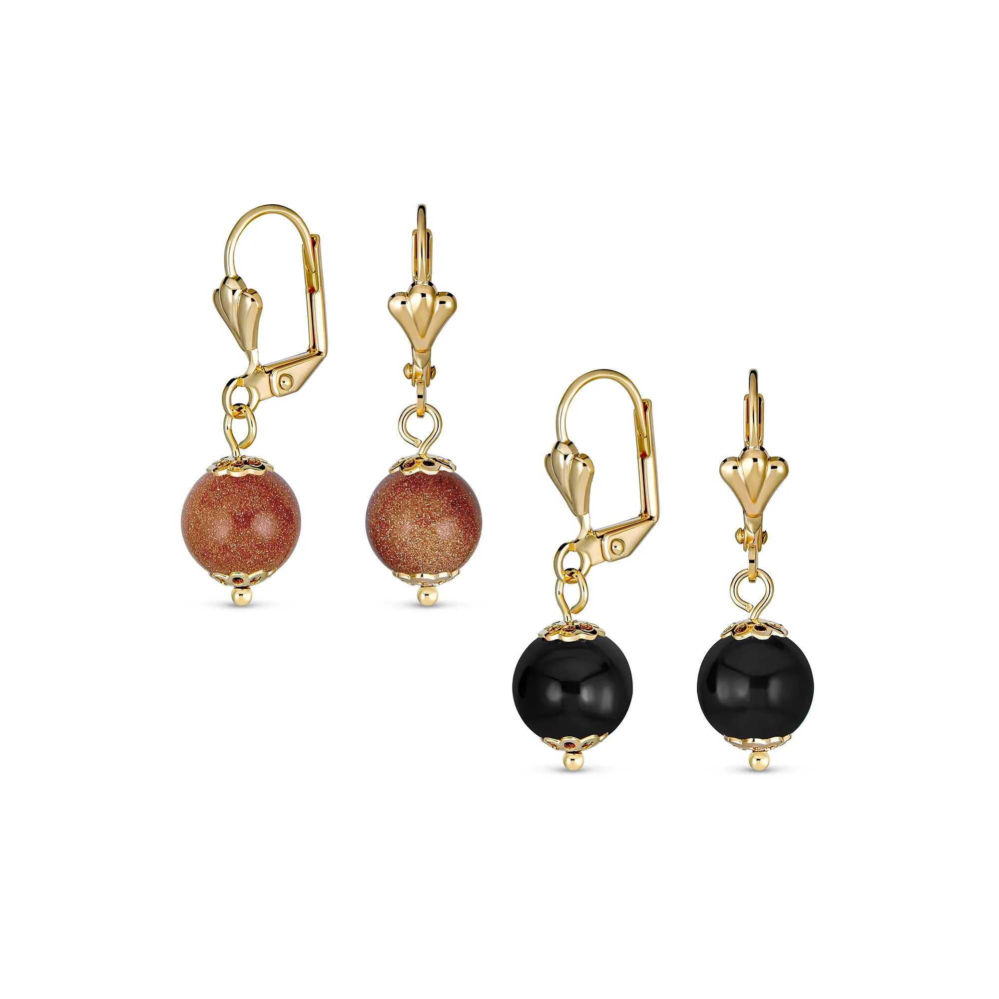 Set of 2 Classic Round Brown Goldstone Black Onyx Drop Ball Earrings Gold Plated