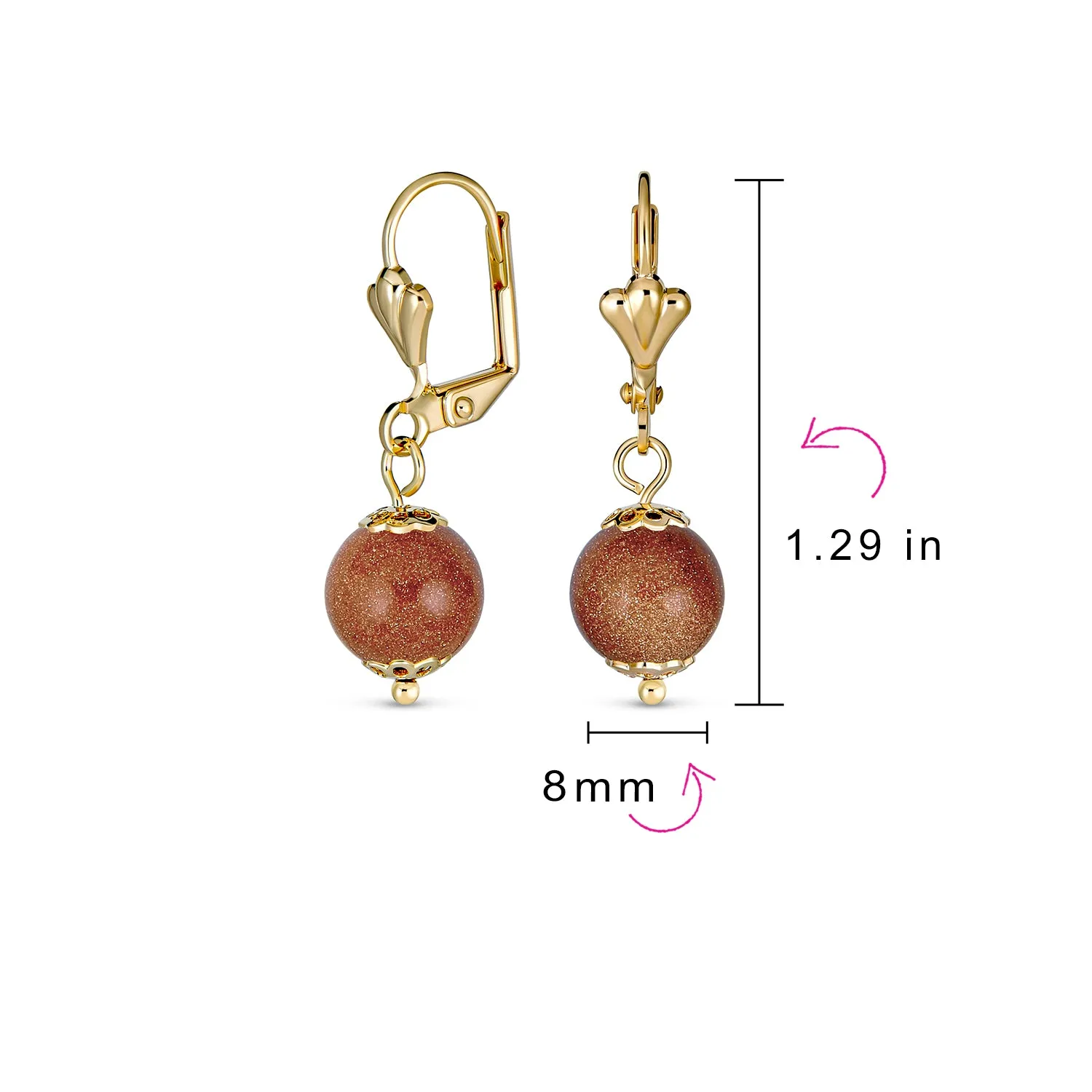 Set of 2 Classic Round Brown Goldstone Black Onyx Drop Ball Earrings Gold Plated