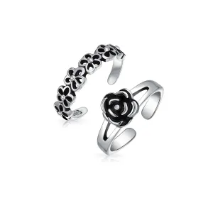Set of 2 Daisy Flower and Black Rose Midi Band Toe Ring Oxidized Sterling Silver