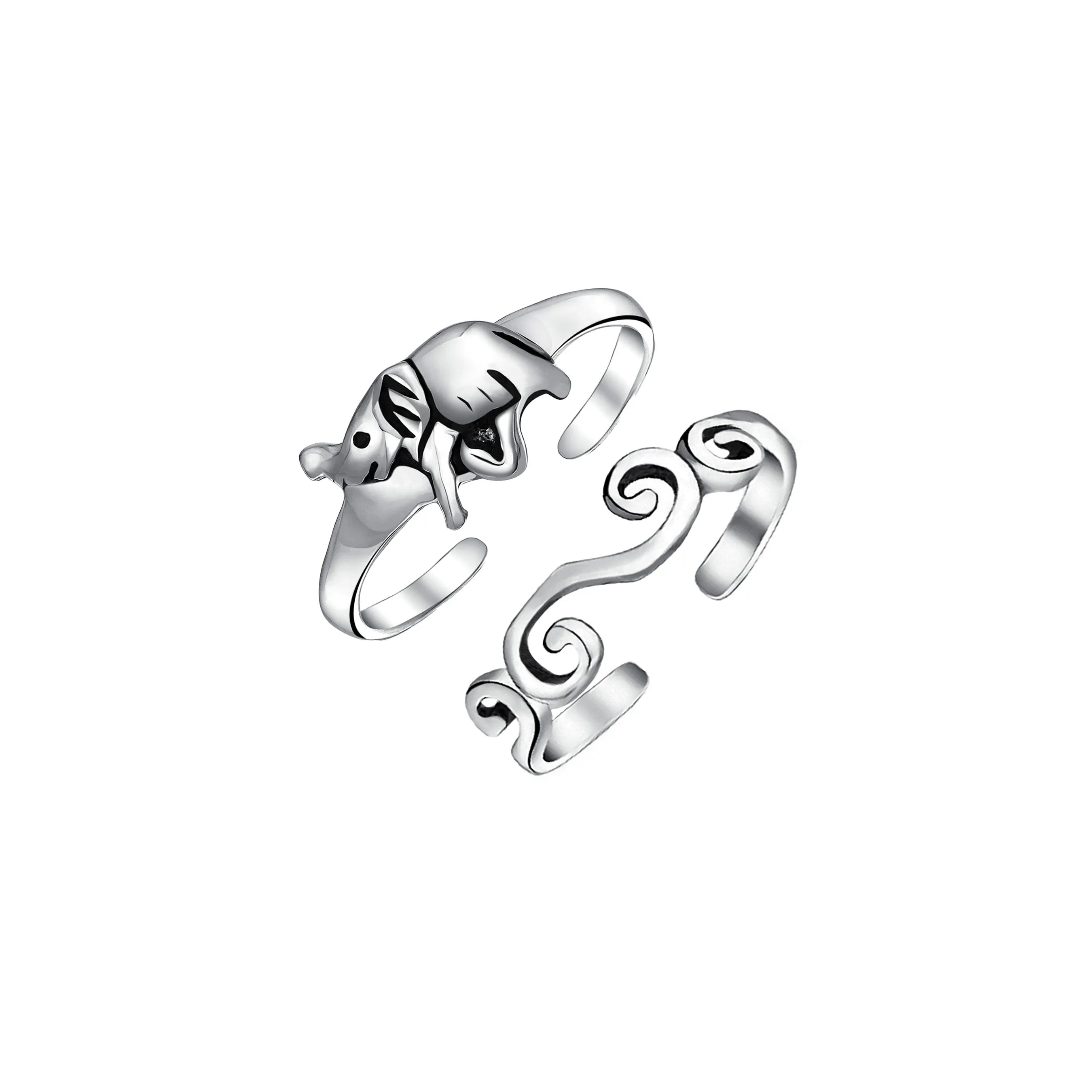 Set of 2 Elephant & Spiral Celtic Swirl Midi Toe Ring Oxidized Sterling Silver
