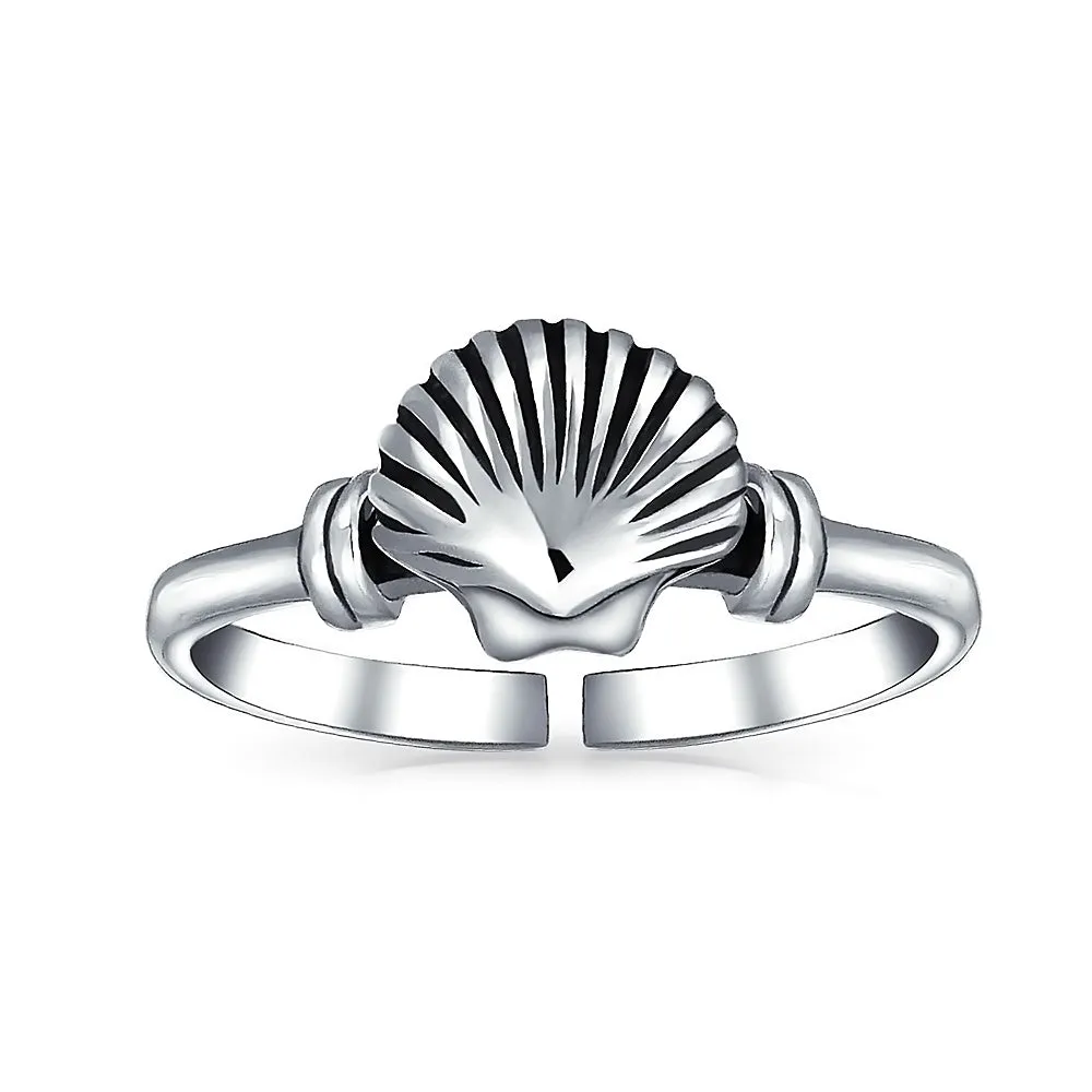 Set of 2 Nautical Beach Clam Shell and Dolphin Midi Toe Ring Oxidized Silver