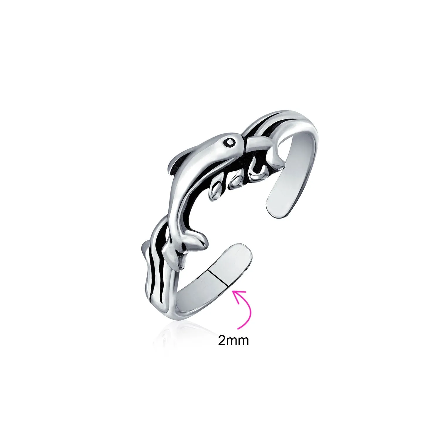 Set of 2 Nautical Beach Clam Shell and Dolphin Midi Toe Ring Oxidized Silver