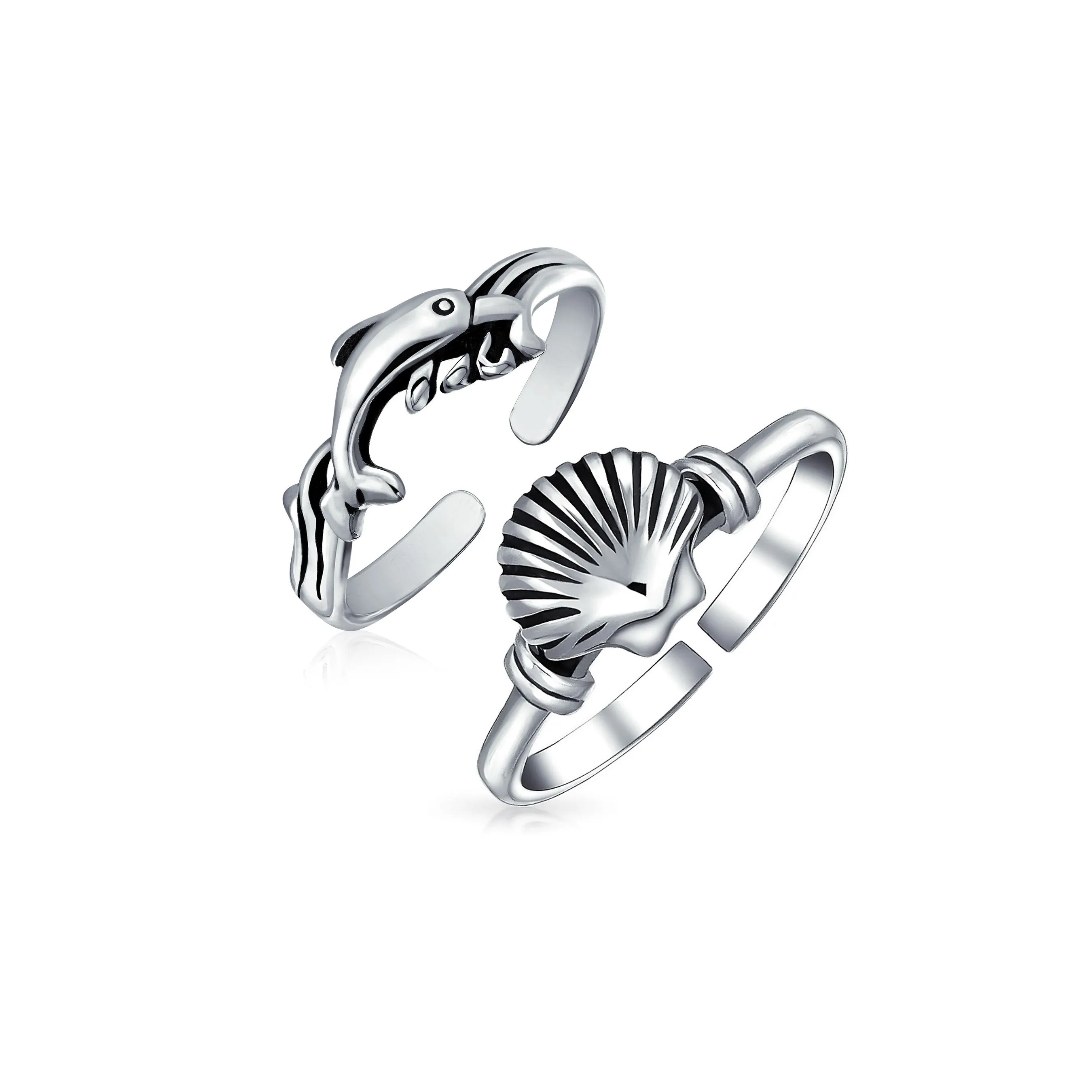Set of 2 Nautical Beach Clam Shell and Dolphin Midi Toe Ring Oxidized Silver