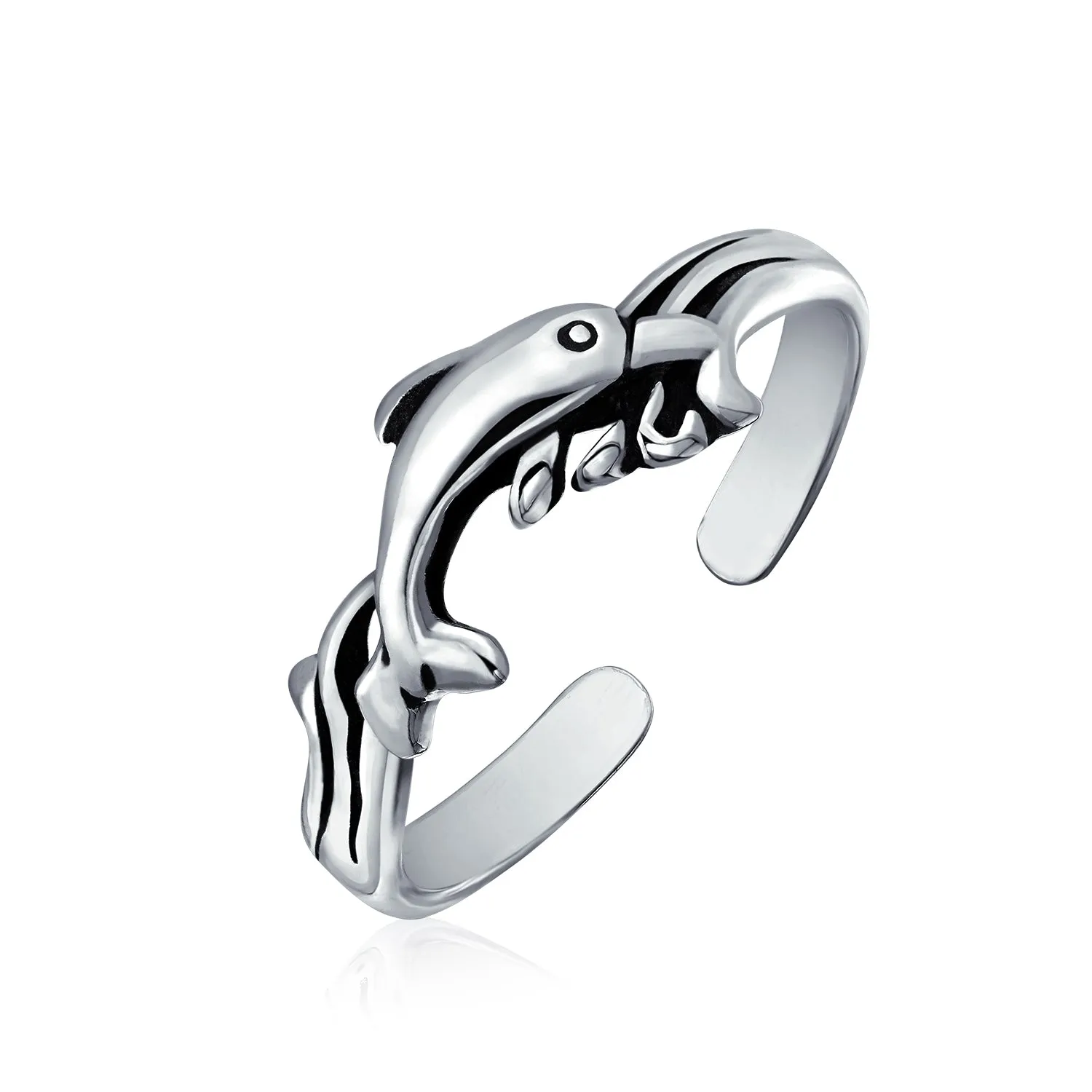 Set of 2 Nautical Beach Clam Shell and Dolphin Midi Toe Ring Oxidized Silver