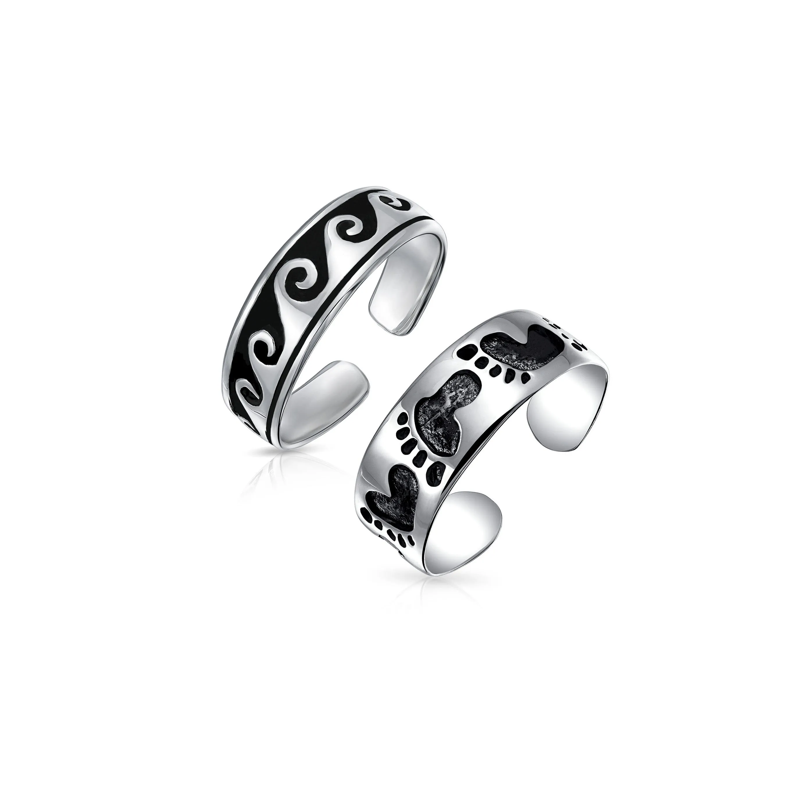 Set of 2 Nautical Ocean Waves and Beach Sand Footprints Midi Toe Ring Silver