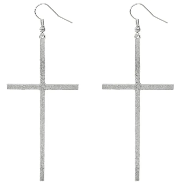 Silver Extra Long Metal Cross Earrings