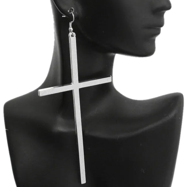 Silver Extra Long Metal Cross Earrings