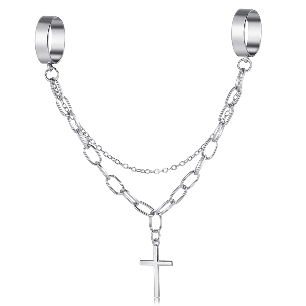 Silver-Plated Cable-Chain Cross Double-Finger Ring