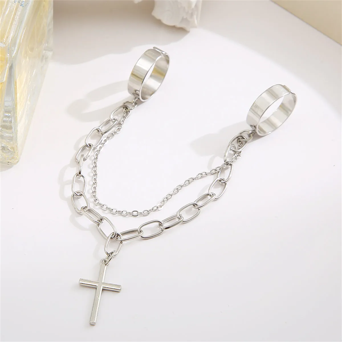 Silver-Plated Cable-Chain Cross Double-Finger Ring