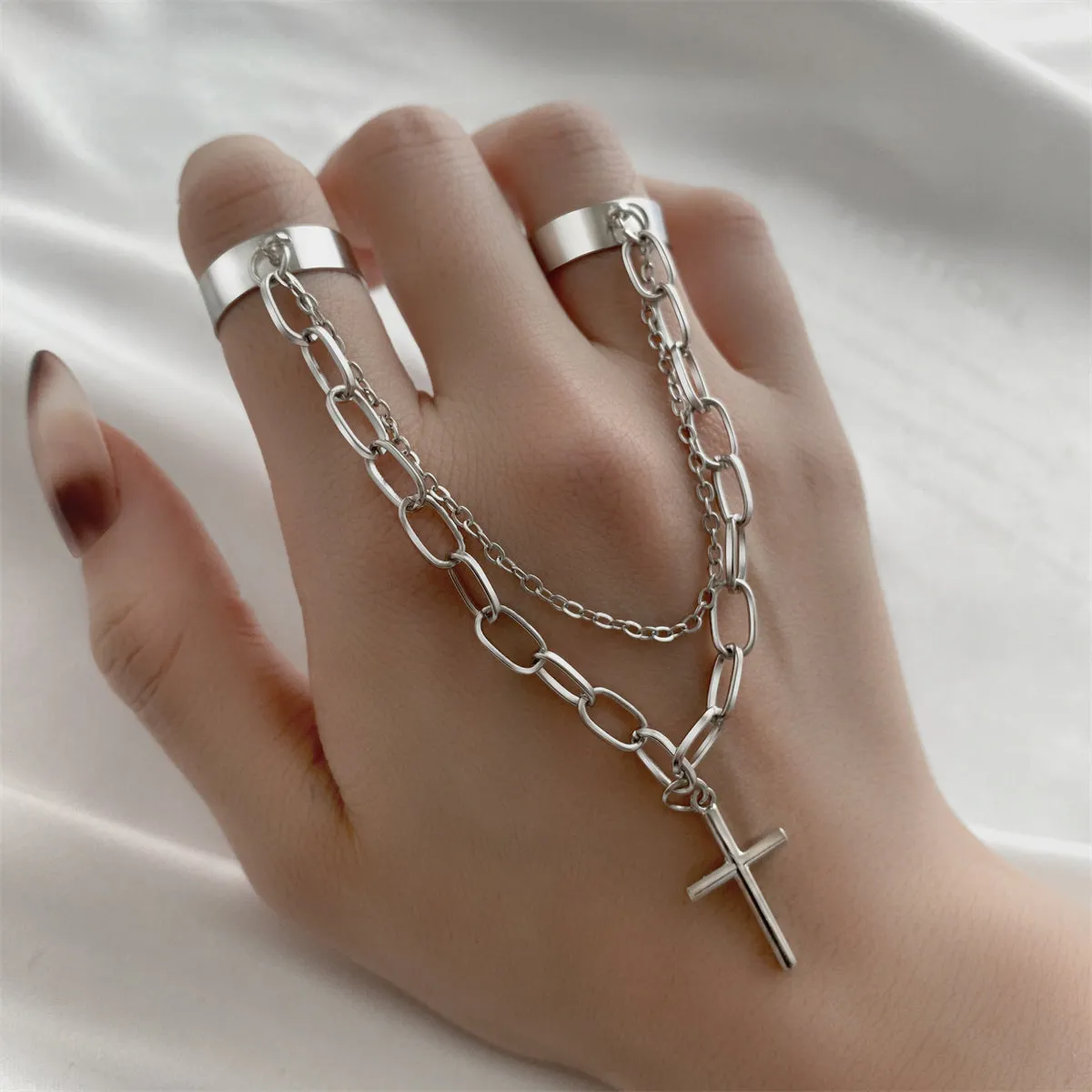 Silver-Plated Cable-Chain Cross Double-Finger Ring