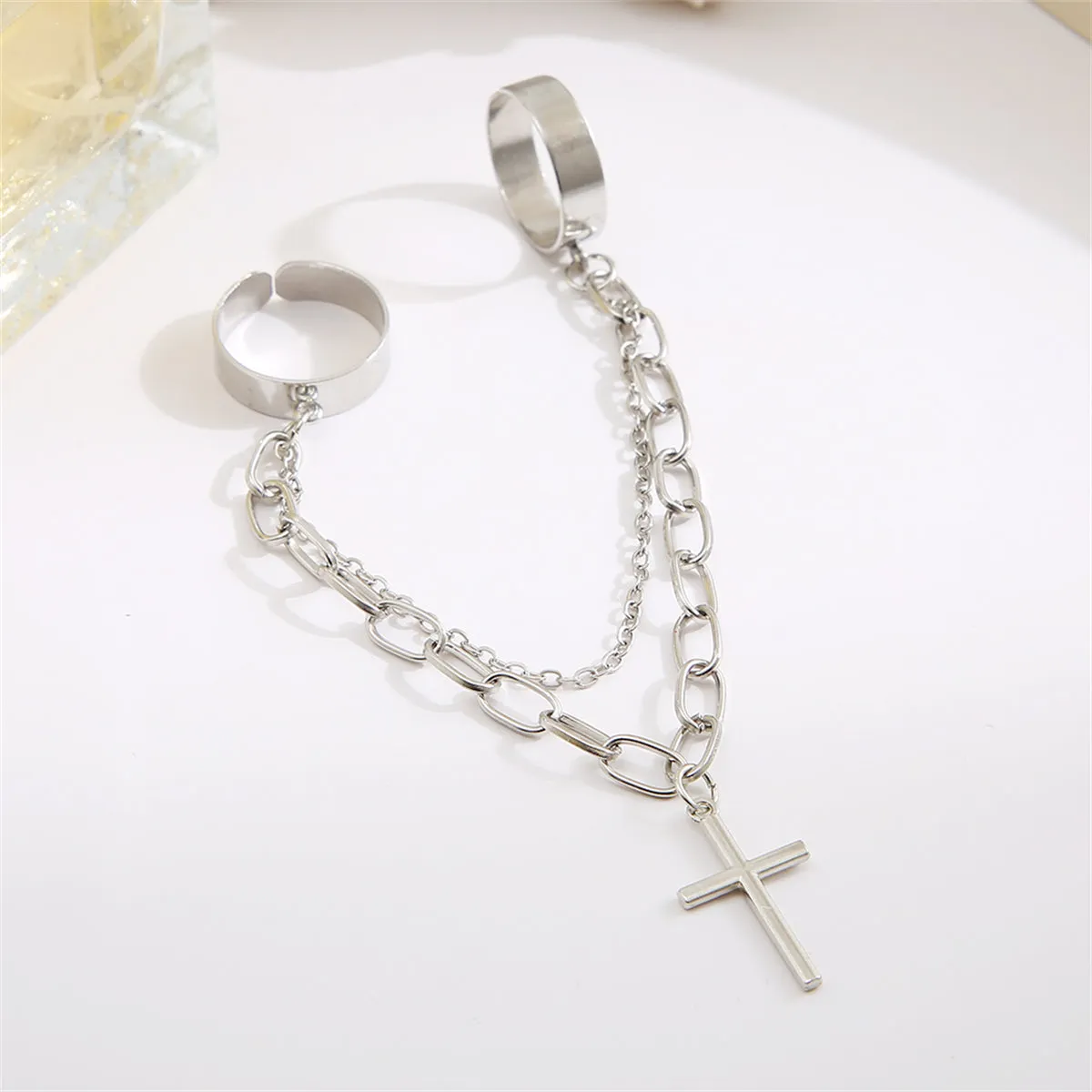 Silver-Plated Cable-Chain Cross Double-Finger Ring