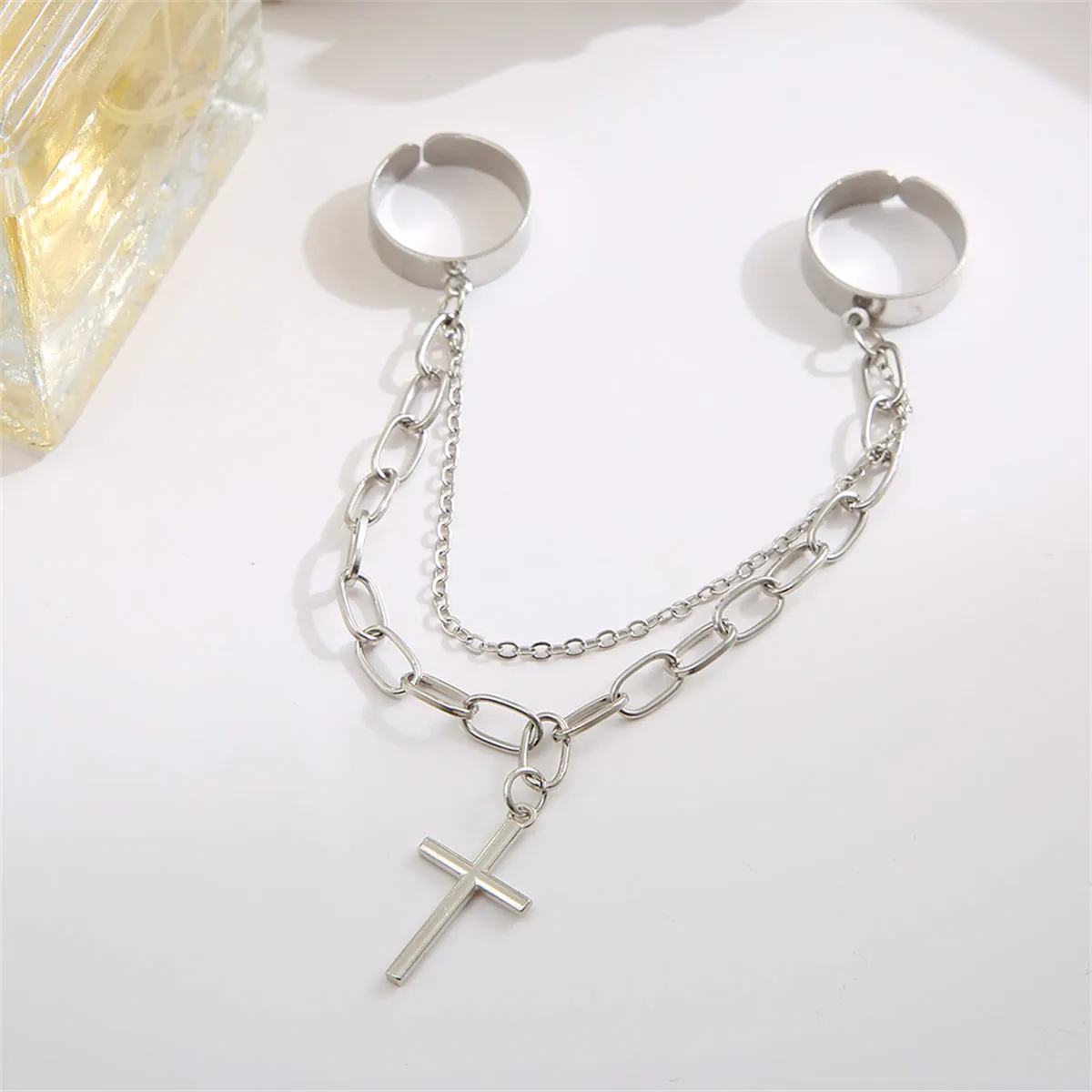 Silver-Plated Cable-Chain Cross Double-Finger Ring