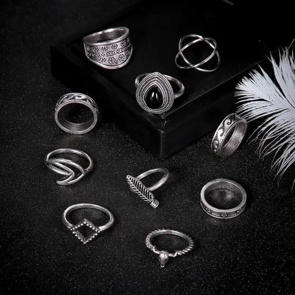Silver Rings 11 Pcs/set Leaf Waves Silver Ring Set