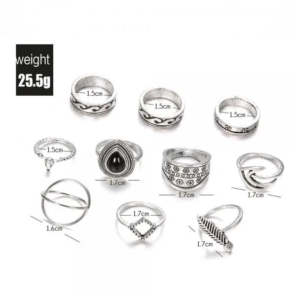 Silver Rings 11 Pcs/set Leaf Waves Silver Ring Set