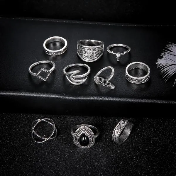 Silver Rings 11 Pcs/set Leaf Waves Silver Ring Set