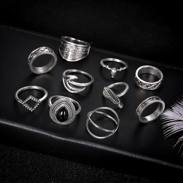 Silver Rings 11 Pcs/set Leaf Waves Silver Ring Set