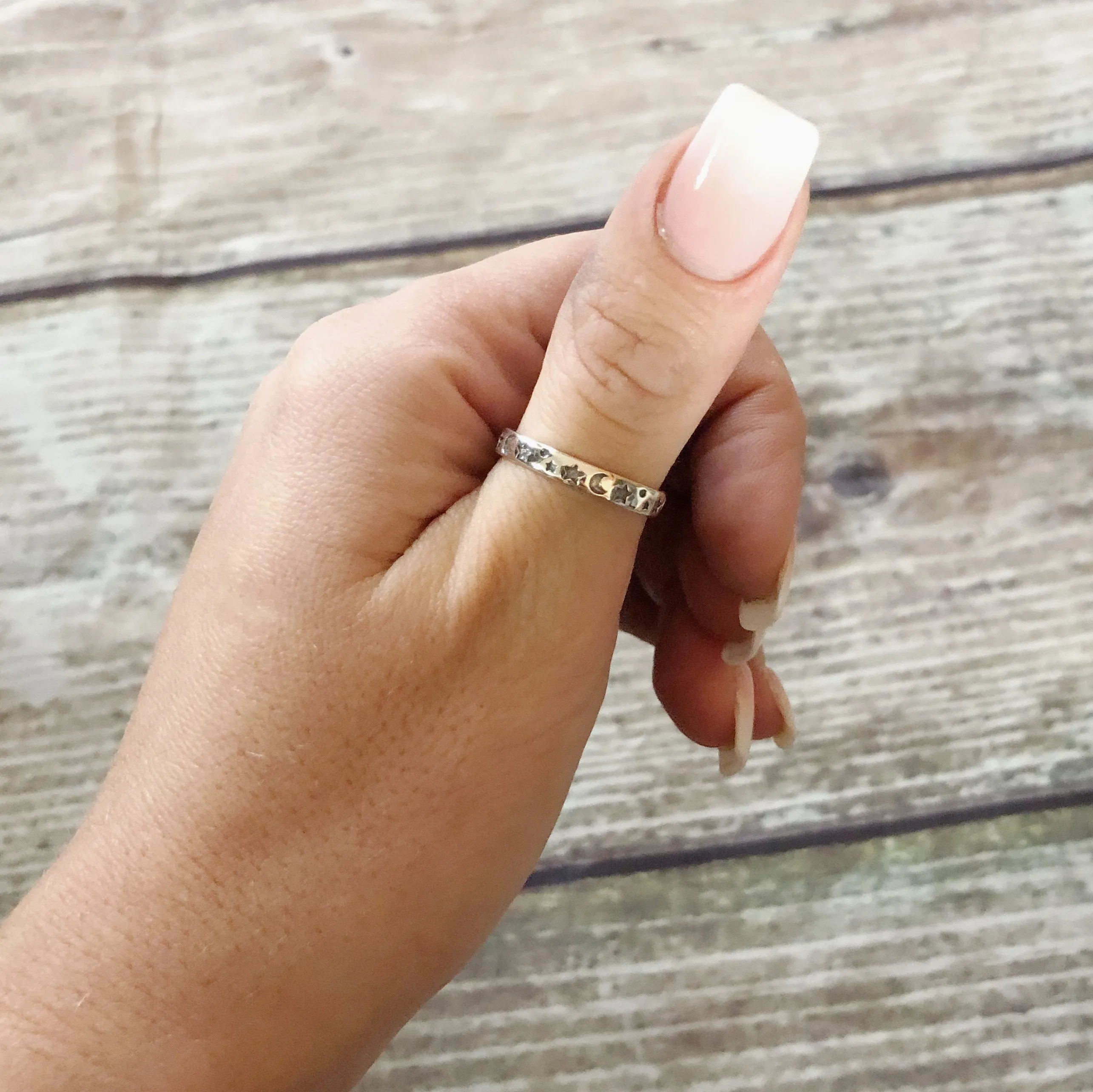 Silver star and moon Ring - Sterling Silver Stacking Ring