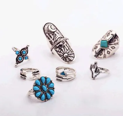 Silver Turquoise Boho Ring Set of 9 Rings