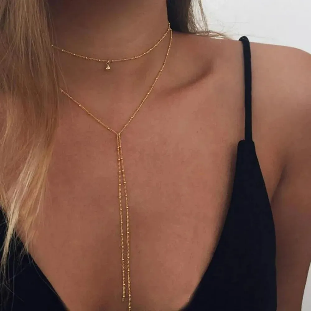 Simple Gold Silver Color Chain Choker Necklace Long Beads Tassel Chocker Necklaces For Women Collar