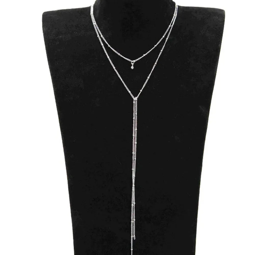 Simple Gold Silver Color Chain Choker Necklace Long Beads Tassel Chocker Necklaces For Women Collar