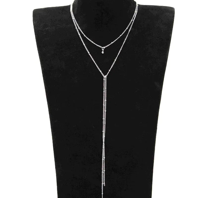 Simple Gold Silver Color Chain Choker Necklace Long Beads Tassel Chocker Necklaces For Women Collar