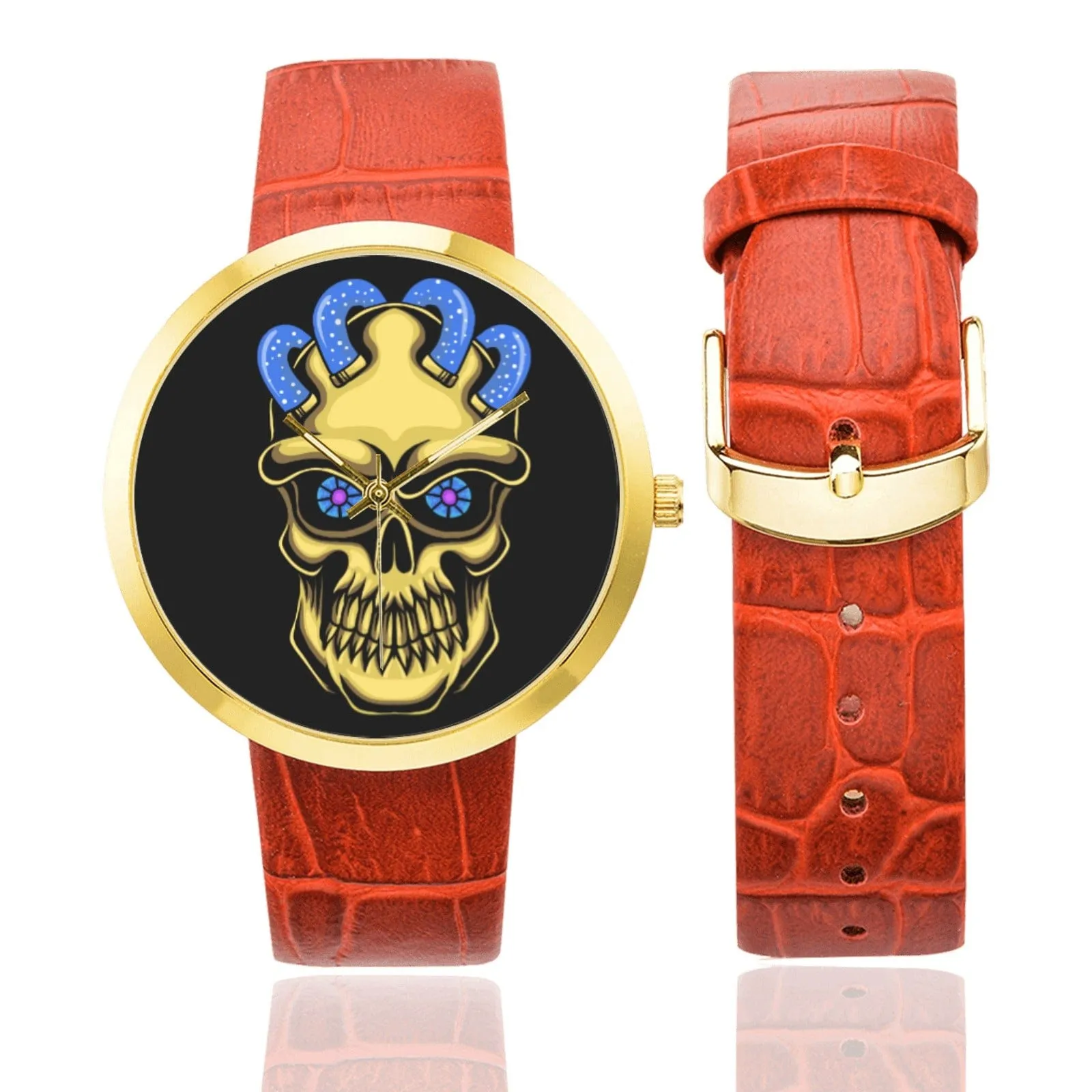 Skull Head Gold & Blue Leather Strap Watch