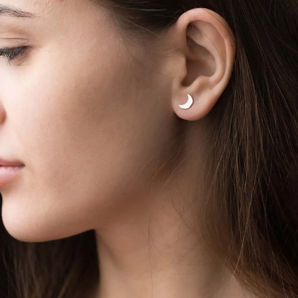 Small Luna Studs 925 Silver Delicate Crescent Moon Earrings
