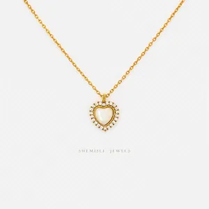 Small Mother of Pearl Heart CZ Necklace, Silver or Gold Plated  (15.5" 2") SHEMISLI - SN015