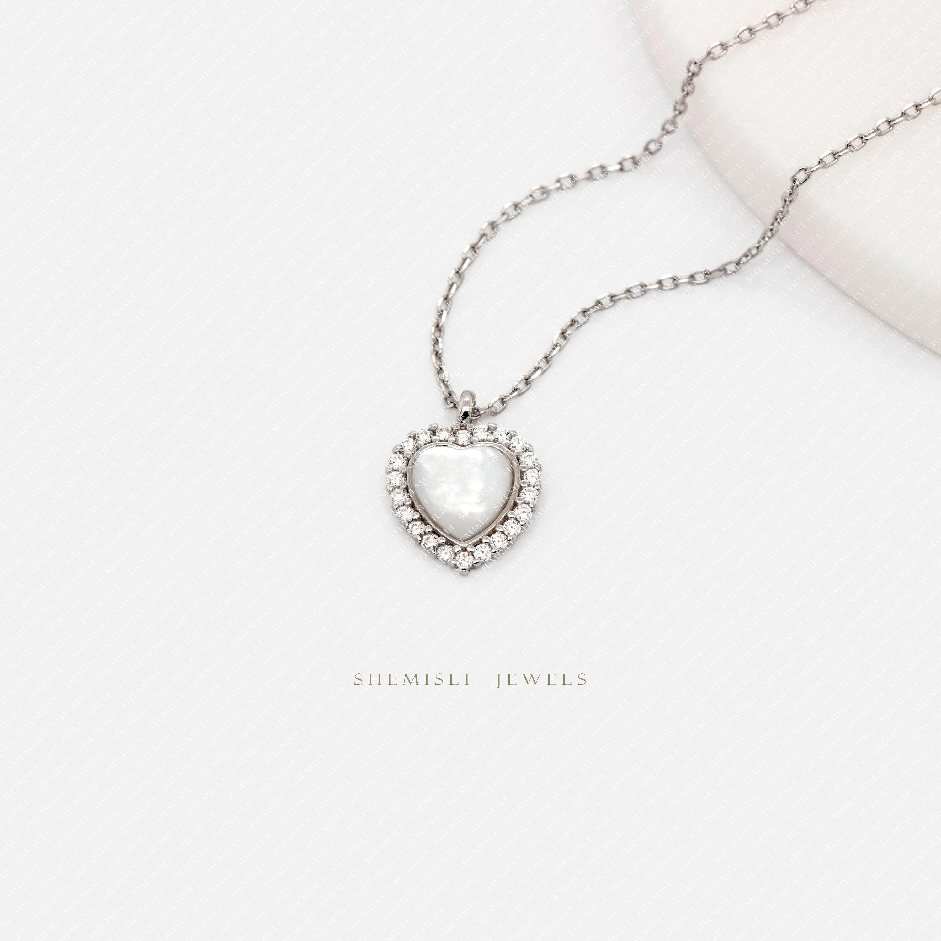 Small Mother of Pearl Heart CZ Necklace, Silver or Gold Plated  (15.5" 2") SHEMISLI - SN015