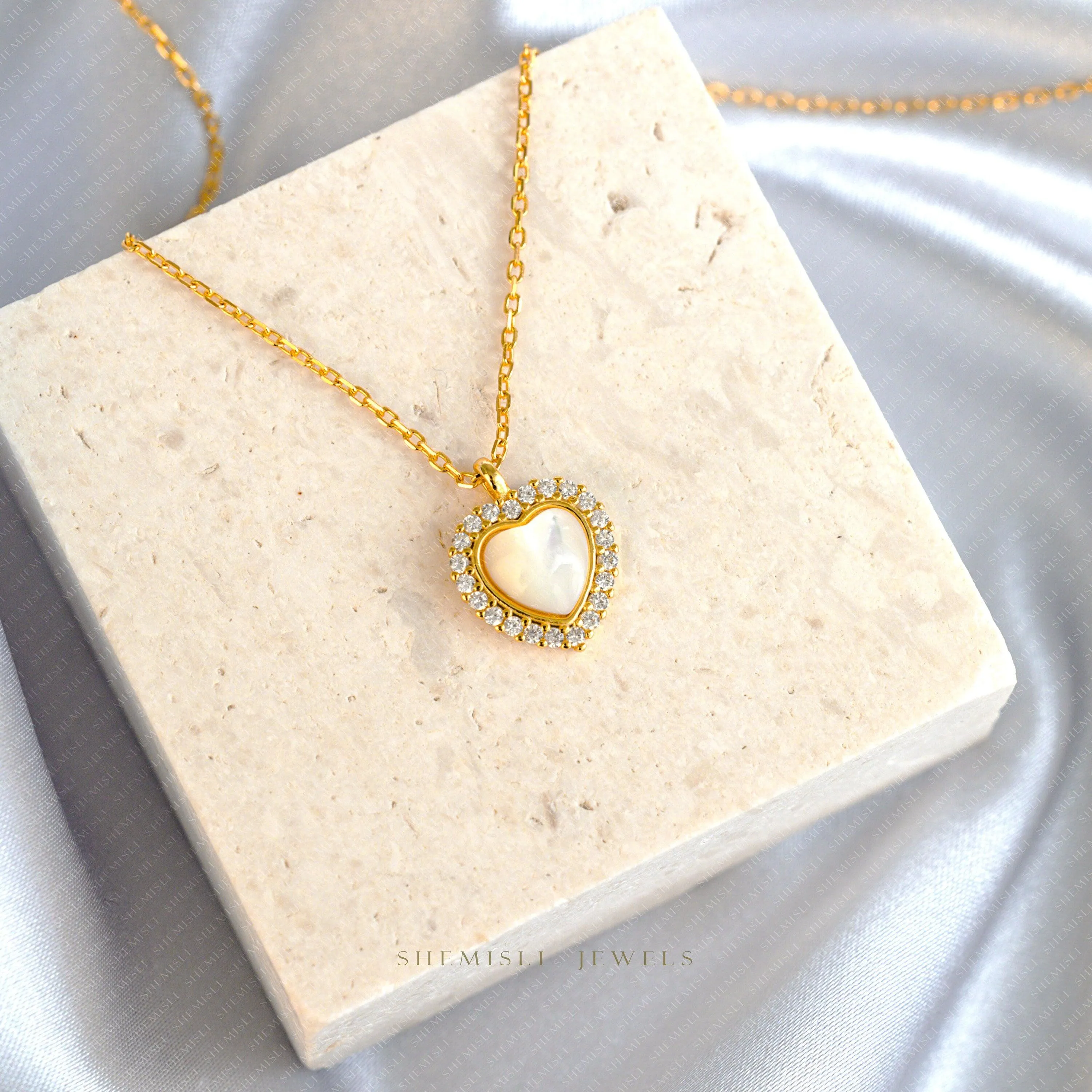 Small Mother of Pearl Heart CZ Necklace, Silver or Gold Plated  (15.5" 2") SHEMISLI - SN015