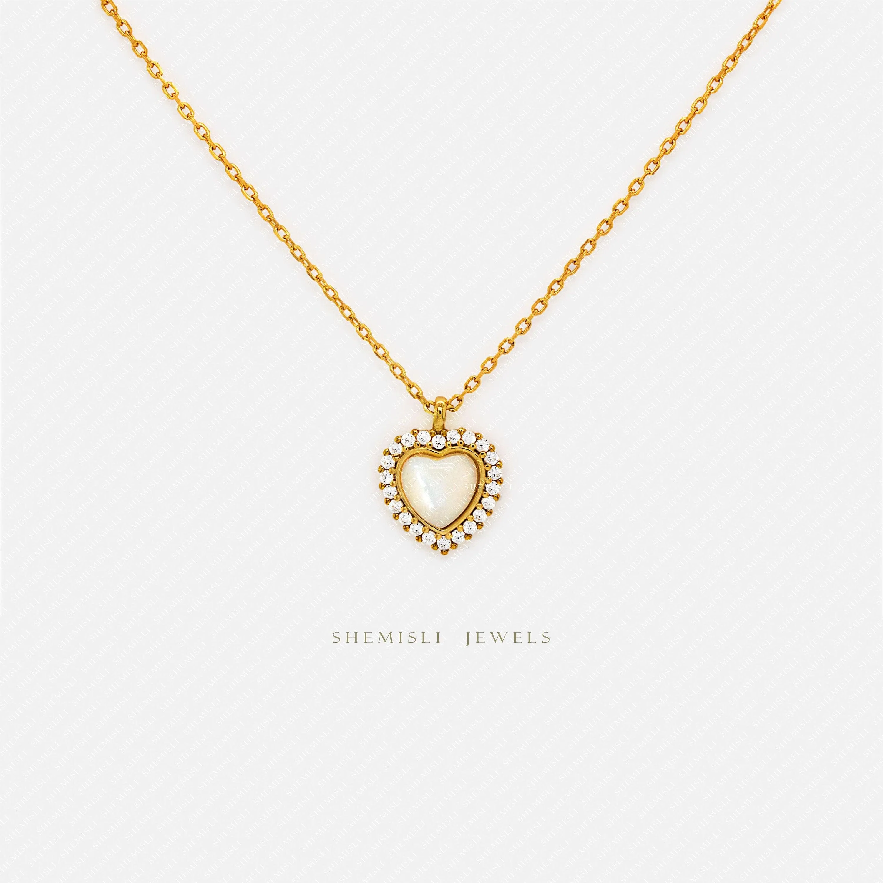 Small Mother of Pearl Heart CZ Necklace, Silver or Gold Plated  (15.5" 2") SHEMISLI - SN015