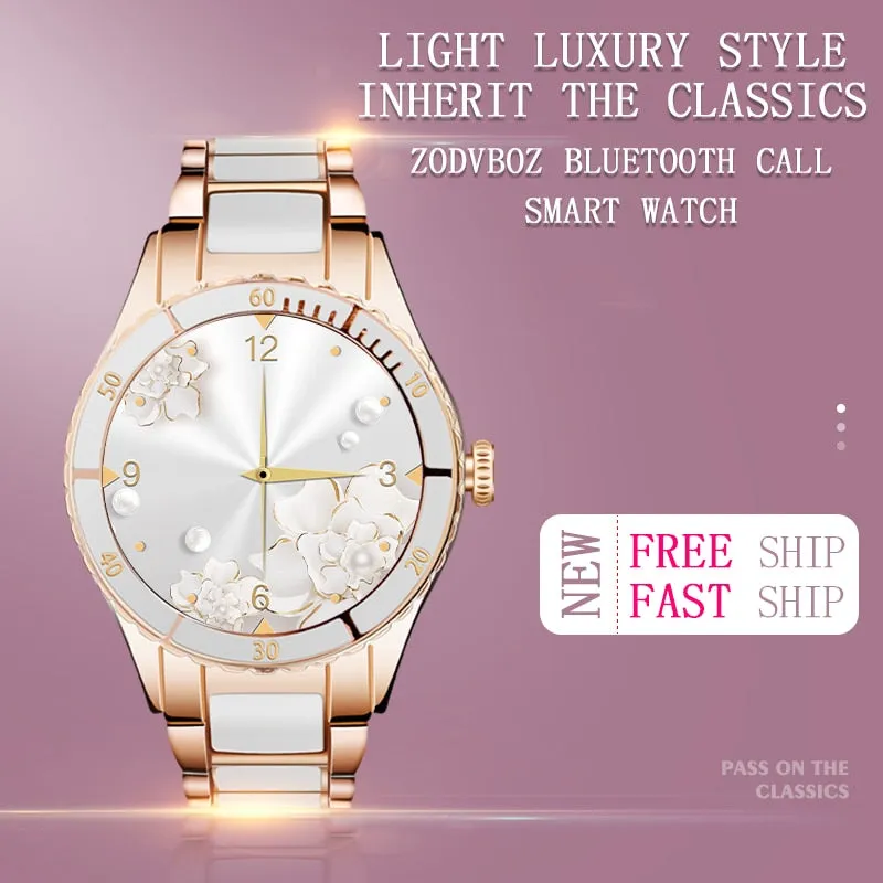 Smart Watch Women Ceramic Strap Blood Pressure Monitor Bluetooth Call Music Player DIY Custom Dial Ladies Smartwatch For Samsung