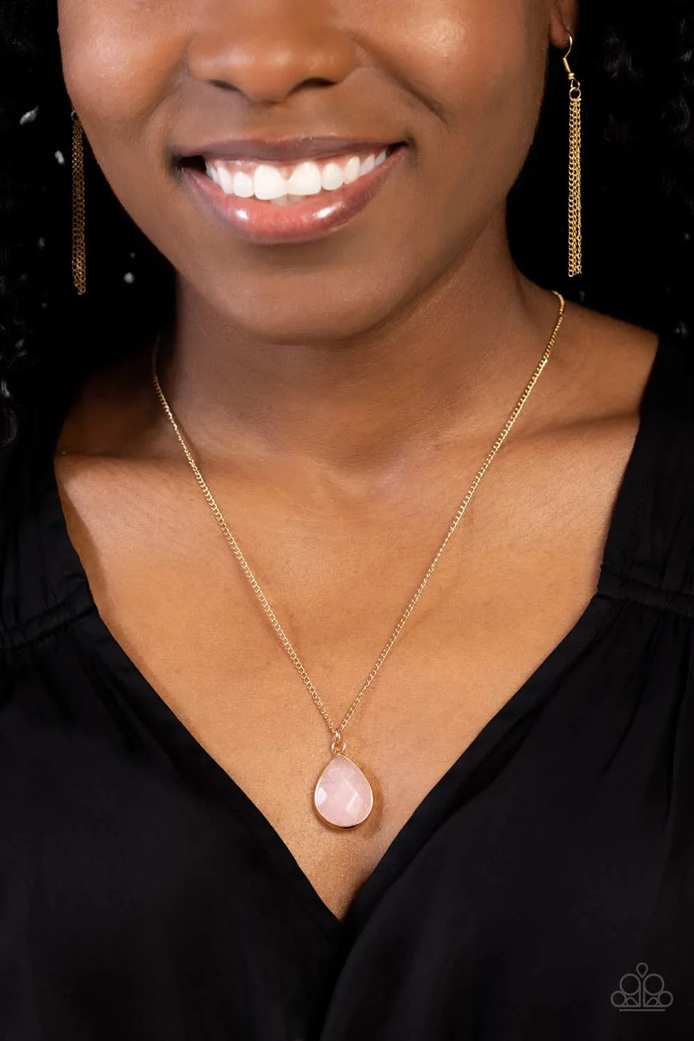 Sparkling Stones - Pink - Rose Quartz Teardrop Stone Gold Frame Paparazzi Short Necklace