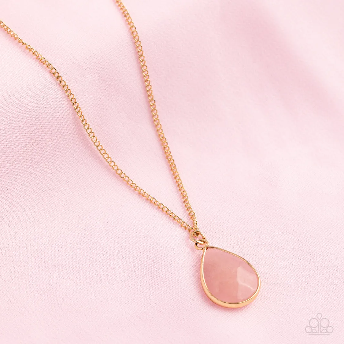 Sparkling Stones - Pink - Rose Quartz Teardrop Stone Gold Frame Paparazzi Short Necklace