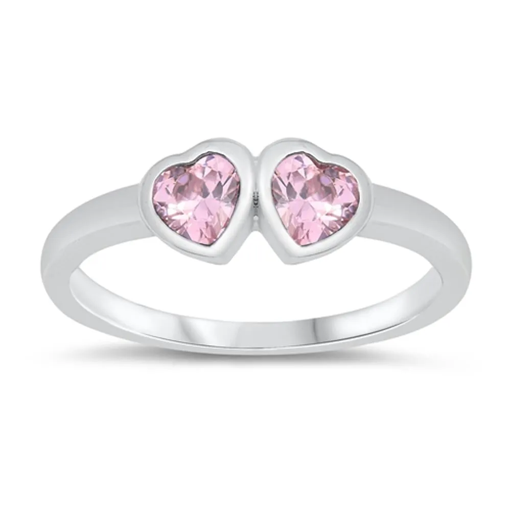 Sterling Silver Double Pink CZ Hearts Ring Solid 925 New 4mm Sizes 1-5