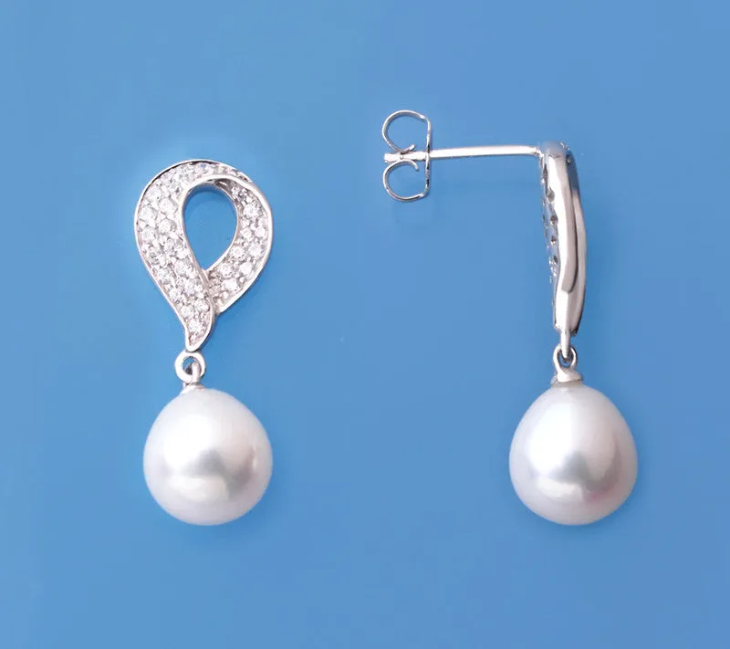 Sterling Silver Earrings with 9-9.5mm Drop Shape Freshwater Pearl and Cubic Zirconia