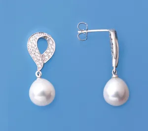 Sterling Silver Earrings with 9-9.5mm Drop Shape Freshwater Pearl and Cubic Zirconia