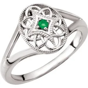Sterling Silver Emerald Granulated Filigree Ring Size 7