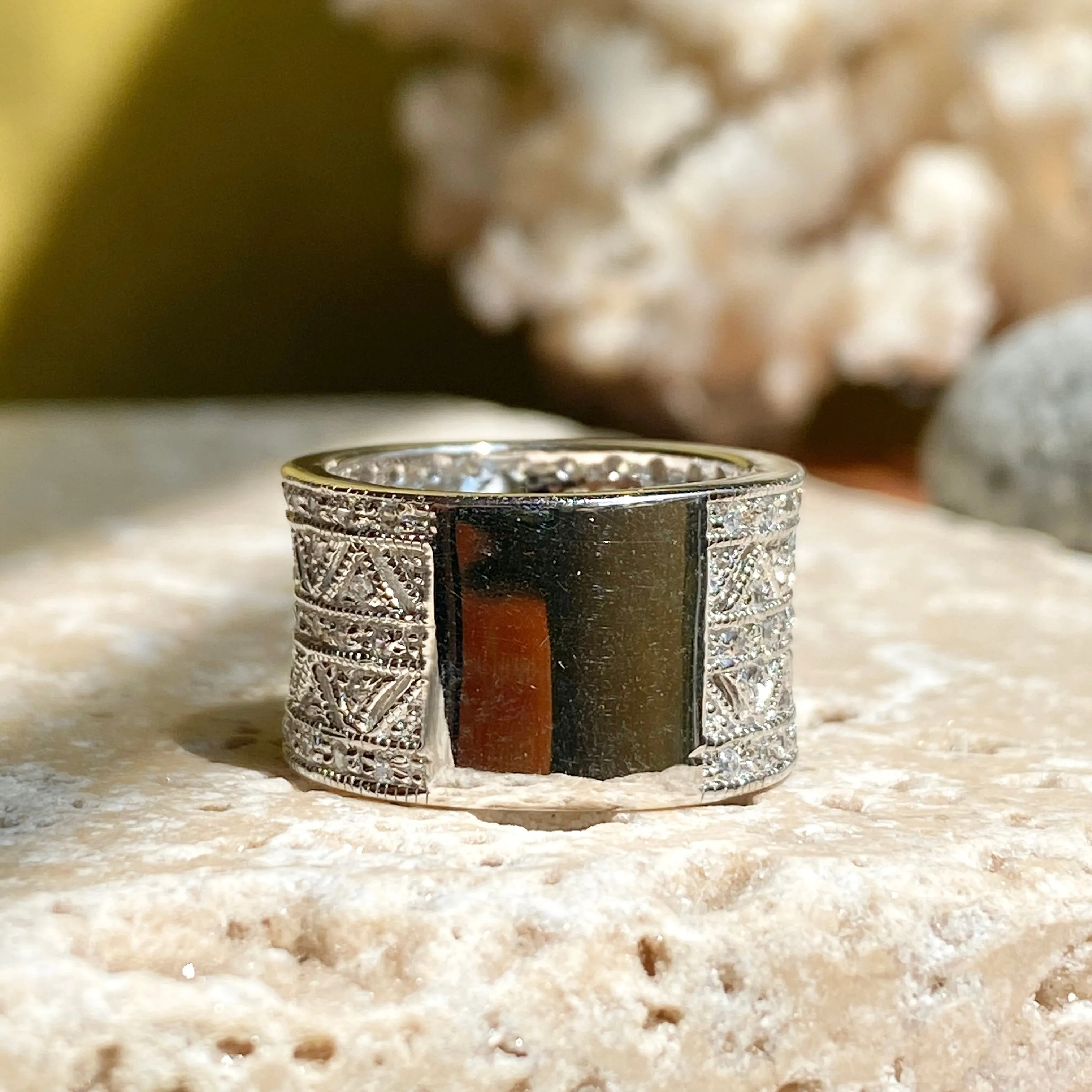Sterling Silver Micro-Pave CZ Vintage-Inspired Cigar Band Ring