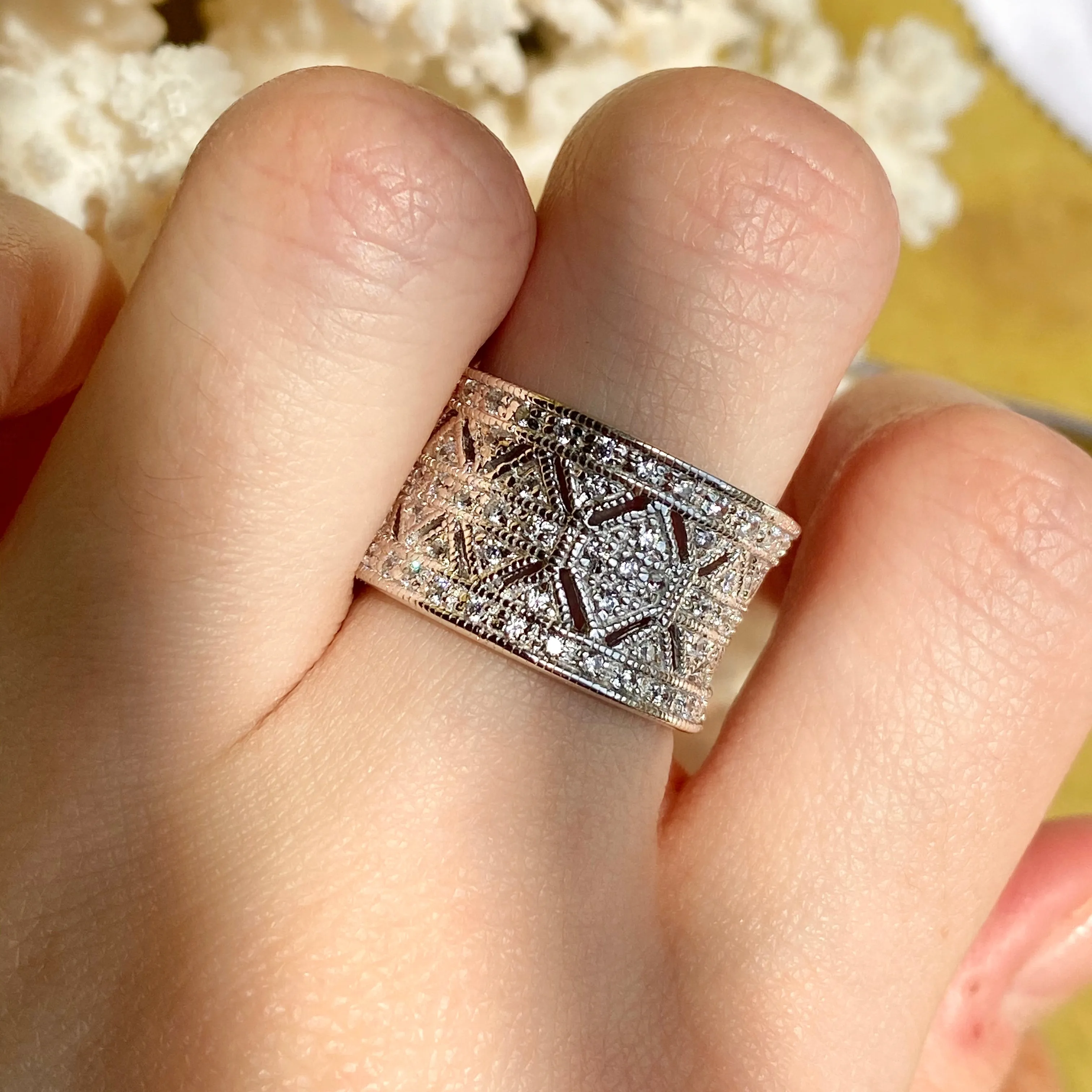 Sterling Silver Micro-Pave CZ Vintage-Inspired Cigar Band Ring