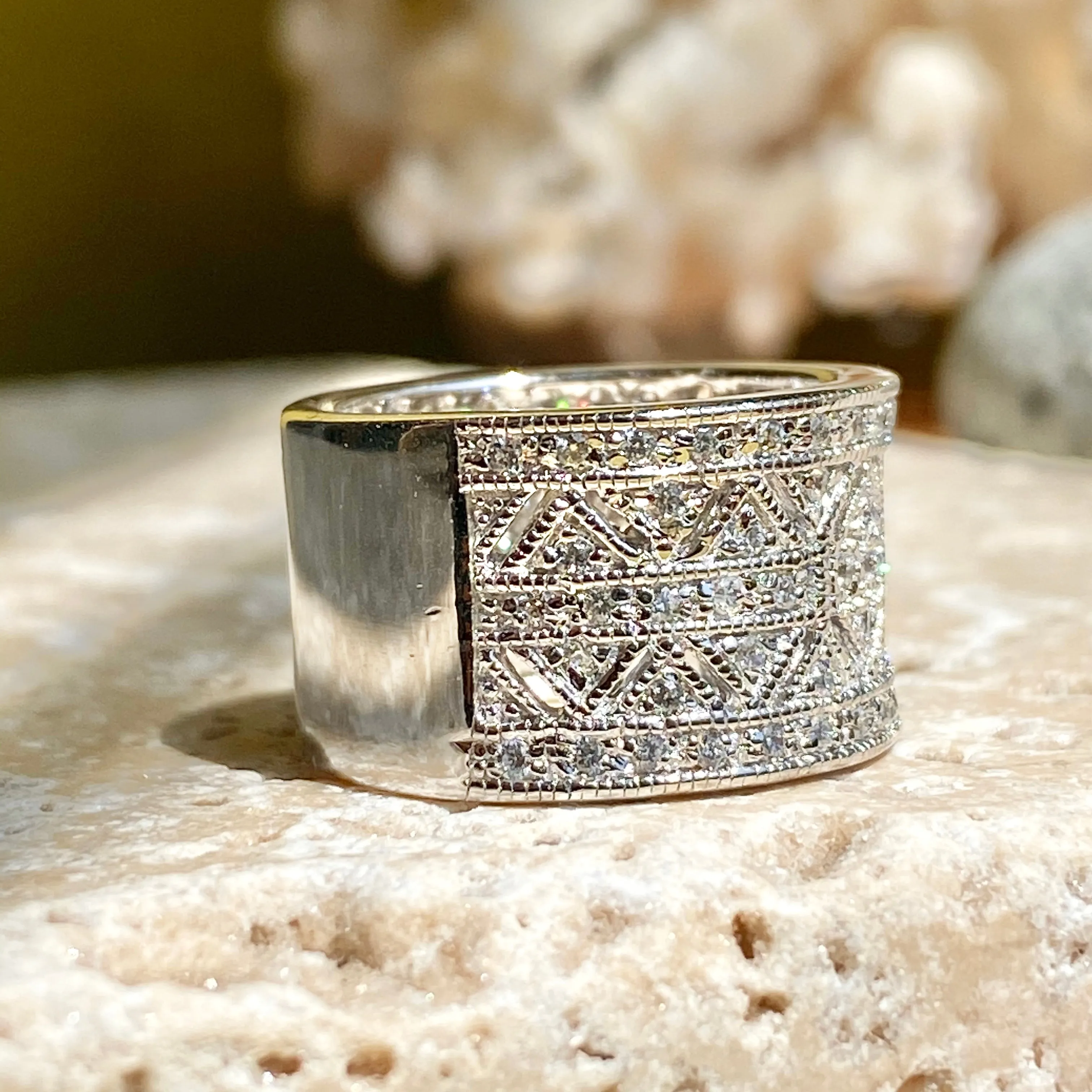 Sterling Silver Micro-Pave CZ Vintage-Inspired Cigar Band Ring