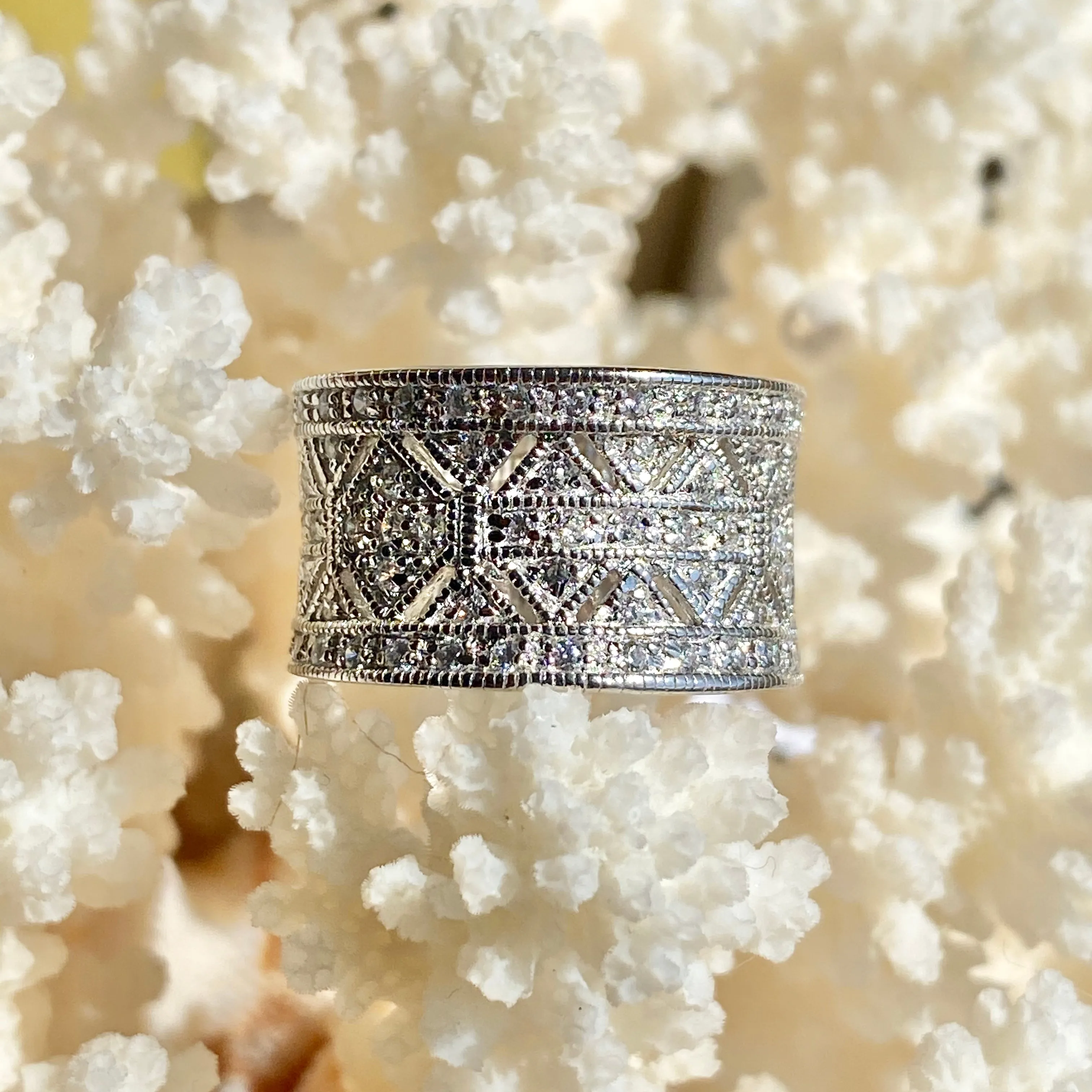 Sterling Silver Micro-Pave CZ Vintage-Inspired Cigar Band Ring