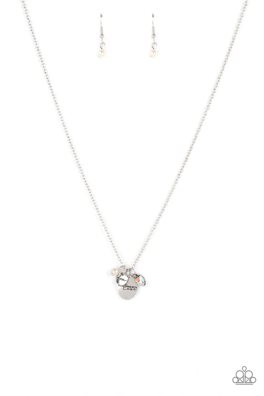 Super Mom - White - Pearl Iridescent Rhinestone Heart Mother's Day Paparazzi Short Necklace