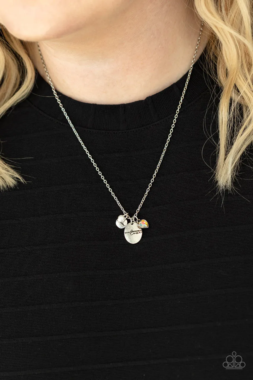 Super Mom - White - Pearl Iridescent Rhinestone Heart Mother's Day Paparazzi Short Necklace
