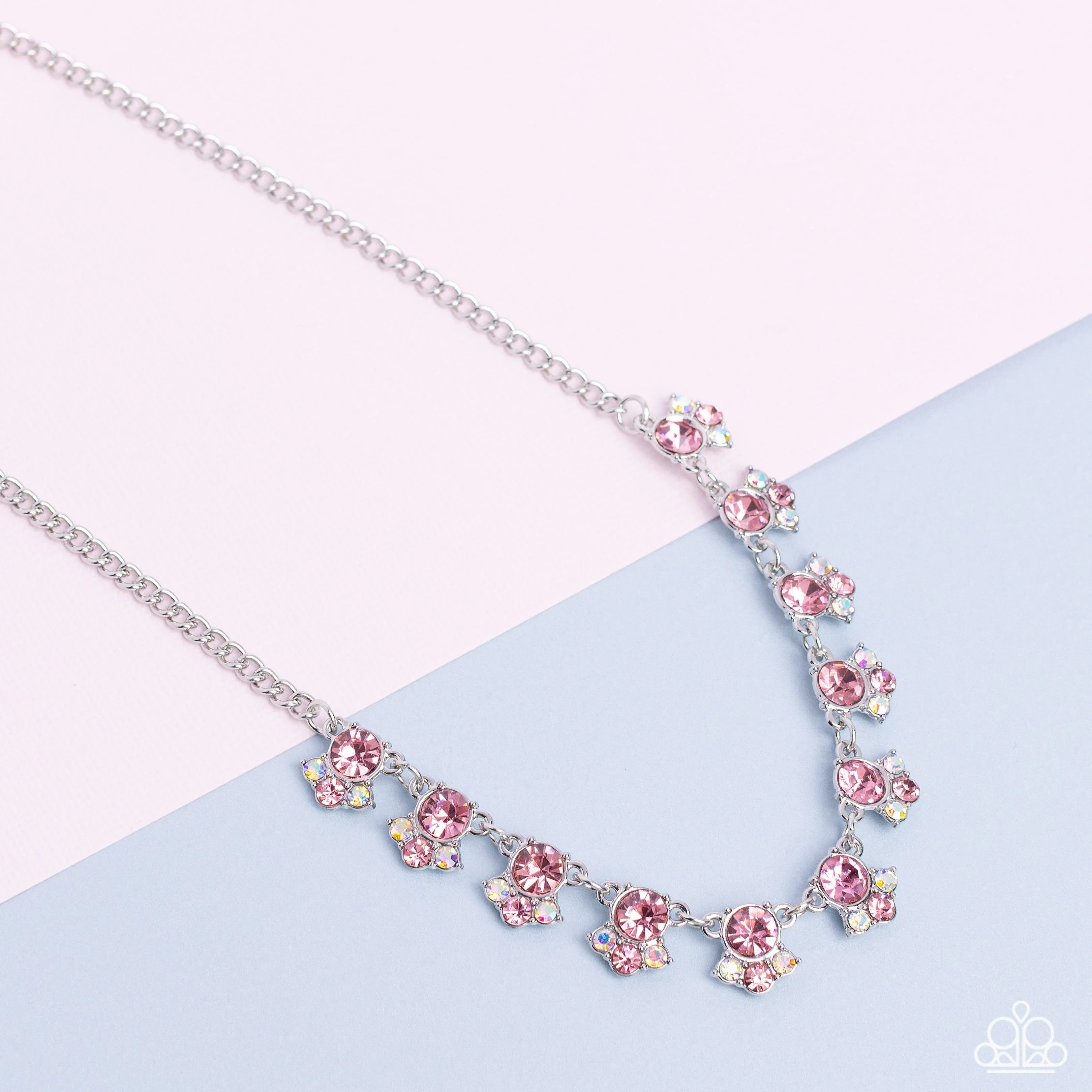 Tabloid Treasure - Pink - and Iridescent Rhinestone Paparazzi Short Necklace