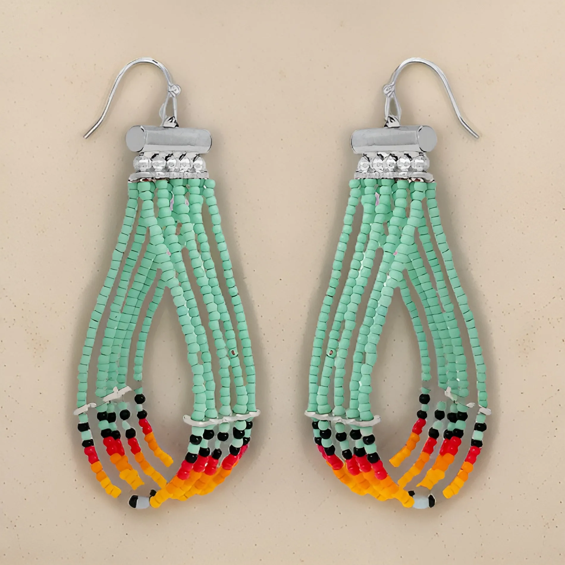 Teardrop Shaped Multi Strand Seed Bead Drop Earrings