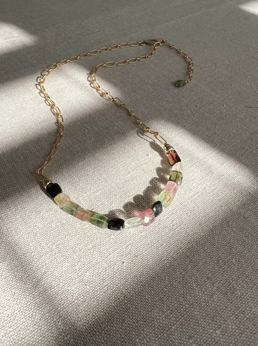 Tourmalines on Gold Filled Textured Paperclip Chain